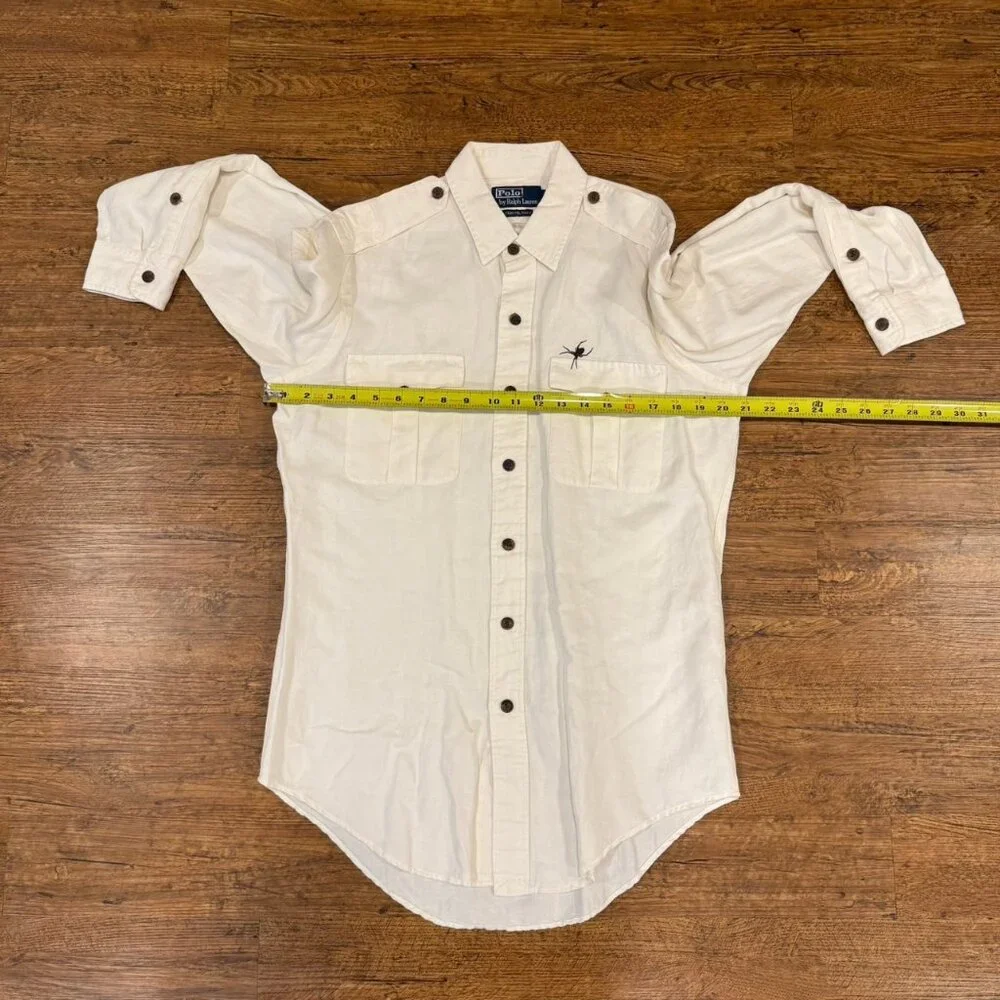 Polo Ralph Lauren Beige Trim Military Spider Logo Linen Button Up Shirt Men's‎ M